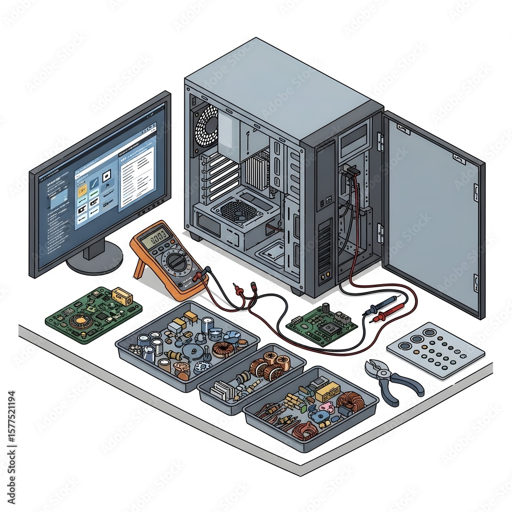 Fototapete isometric view of computer components disassembled on a workbench including a monitor and testing to