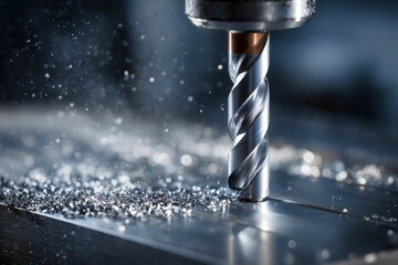 Precision machining with a drill bit cutting into metal, creating shavings, detail, and modern industrial