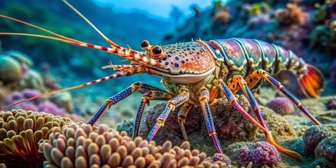 Vibrant Marine Crustacean Crawling on Ocean Floor Amongst Coral Reef