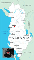 Fototapeta premium Map of Albania showing major cities, borders with neighboring countries, and coastal access to the Adriatic Sea in Southeastern Europe.