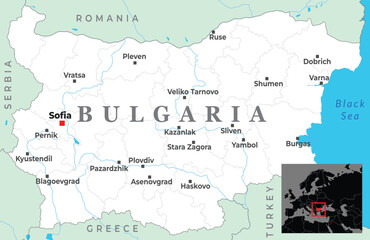 Map of Bulgaria showing major cities, surrounding borders, and coastal access to the Black Sea in Southeastern Europe