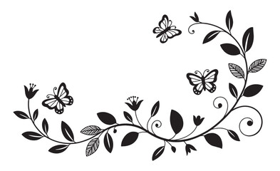 Elegant black butterfly and floral swirl design on white background
