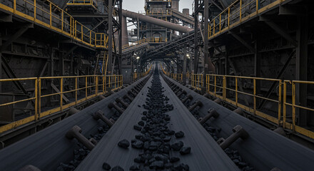Fototapeta premium Industrial coal mine conveyor belt system transporting coal mining materials