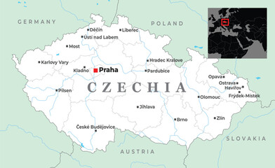 Obraz premium Map of Czechia showing key cities like Prague, Brno, Ostrava, and its borders with Germany, Poland, Slovakia, and Austria, placed in Central Europe