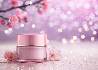 Elegant Pink Skincare Cream Jar with Cherry Blossoms and Bokeh Lights