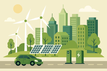 Green city promoting clean energy and eco-friendly transportation, featuring wind turbines, solar panels, and electric vehicle infrastructure