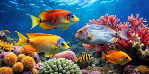 Naklejka premium Vibrant Reef Fish Displaying Diverse Colors and Coral Formations in Underwater Paradise