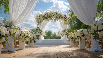 Elegant Outdoor Wedding Ceremony with Floral Arch and Rustic Decor in Garden Venue
