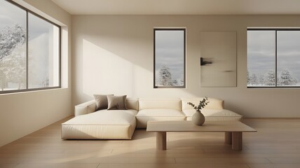 A photograph of a modern minimalist living room bathed in soft natural light.