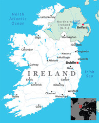Political map of Ireland and Northern Ireland showing major cities, national borders, and coastal outlines