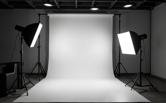 Photography studio with lights and backdrop. High quality
