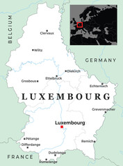 Naklejka premium Political map of Luxembourg displaying major towns, surrounding borders with Belgium, France, and Germany, and its central location in Europe via inset