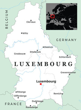 Political map of Luxembourg displaying major towns, surrounding borders with Belgium, France, and Germany, and its central location in Europe via inset