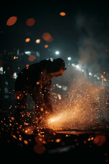 Fototapeta premium Worker welding in industrial space with glowing sparks. Night scene with focused light and blurred bokeh.