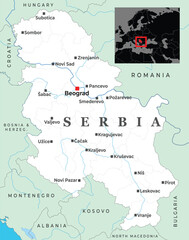Political map of Serbia showcasing major cities, neighboring countries, and its geographic location within Europe