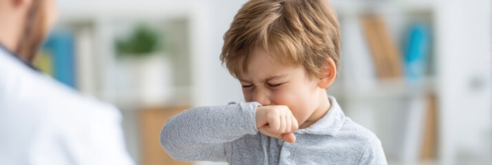 Bright Pediatric Office Features Child Sneezing Into Elbow While Visiting Doctor for Routine Checkup During Daytime