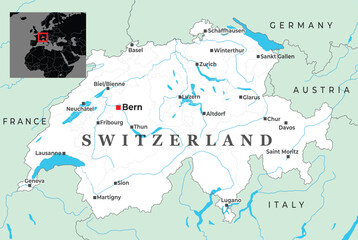 Political map of Switzerland displaying major cities, lake systems, surrounding borders with France, Germany, Austria, and Italy