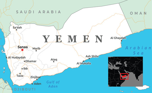 Map of Yemen showing major cities, nearby borders with Saudi Arabia and Oman, and coastal access to the Arabian Sea and Gulf of Aden