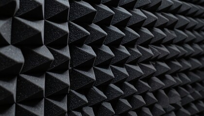 The texture of the black acoustic foam panel with a pyramidal pattern. The background is monophonic, with soft lighting, emphasizing the structure of the material.