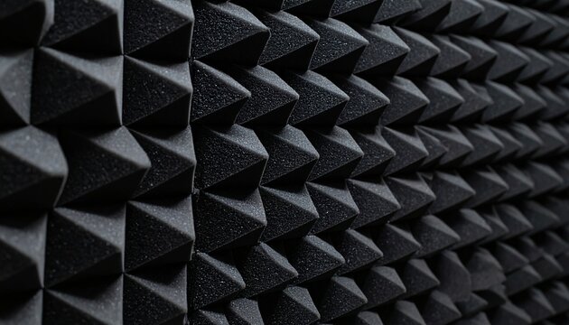 The texture of the black acoustic foam panel with a pyramidal pattern. The background is monophonic, with soft lighting, emphasizing the structure of the material.