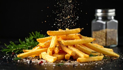 A delicious portion of crispy potatoes of fries sprinkled with spices in the preparation process. Against the background - a glass jar with seasonings and fresh rosemary, lying nearby.
