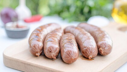 Appetizing fried sausages neatly laid out on a wooden board. In the background, blurry vegetables, oil and herbs, creating a cozy atmosphere of a kitchen or picnic.