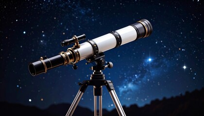 A beautiful telescope on a tripod, directed into the night sky, strewn with bright stars and vague. The image creates an atmosphere of astronomical observations.