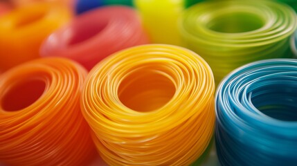 Bright skeins of multi -colored plastic threads in orange, yellow, green and blue tones, neatly folded into spirals, creating a spectacular abstract background.