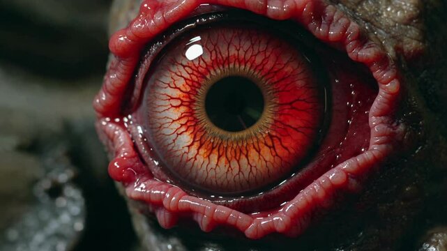 Macro shot of an orange eyeball with detailed textures offers a creepy close-up, suitable for horror or science fiction themes.