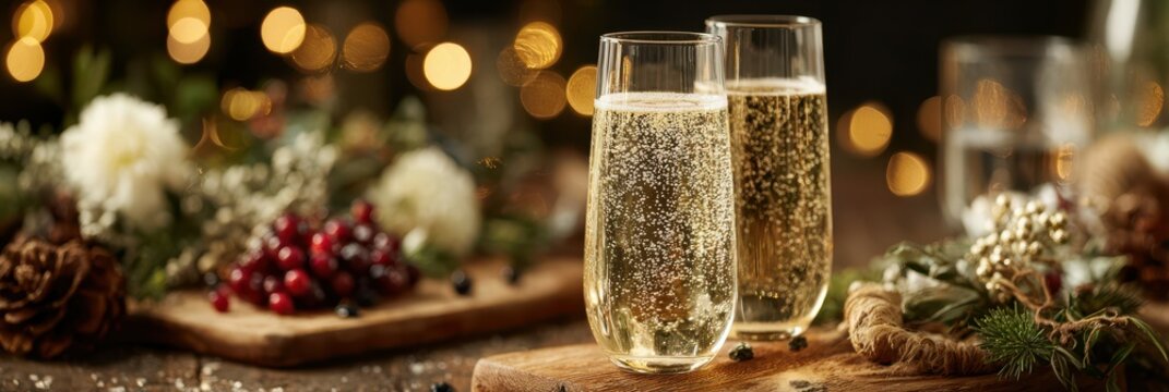 Festive celebration with sparkling drinks and holiday decorations on a rustic table