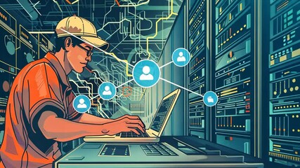 Computer engineer working diligently on a laptop, coding amidst a backdrop of vast data storage units, digital technology elements - Powered by Adobe