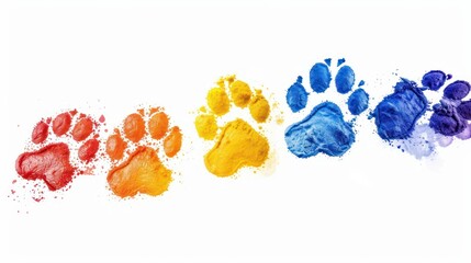 A footprints, paw print path Dog paws. Kitten. Paw prints of bright colors of animals, silhouettes on a white background.