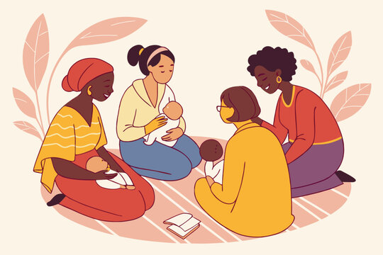 Flat Vector Illustration of Multicultural Mothers at a Breastfeeding Support Group
