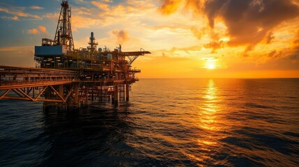 Obraz premium Offshore oil rig platform at sunset, ocean energy, industrial seascape