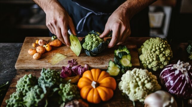 A kitchen scene with a variety of rare vegetables laid out on a chopping board, including heirloom varieties of squash, kohlrabi, and romanesco, ready for preparation with a chef's hands in the frame. - Powered by Adobe