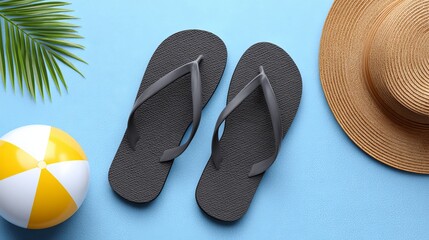 Casual summer vibes flip flops beach ball and sun hat on a vibrant shoreline perfect for a travel holiday