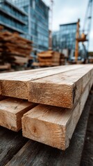 Stacks of unfinished timber ready for construction at a building site during overcast weather