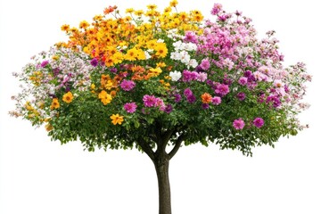 Fototapeta premium A tree in full bloom, isolated on white, showcasing a variety of colorful and delicate flowers