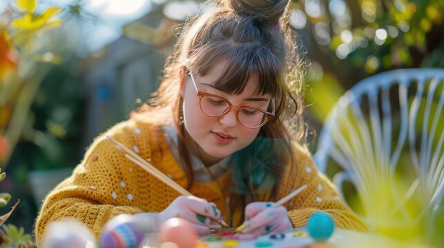 A young woman with Down syndrome enjoys a creative activity by painting Easter eggs for Easter in her backyard. - Powered by Adobe