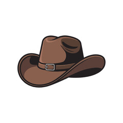 A vector illustration of a classic brown cowboy hat against a solid white background. The hat is crafted from worn leather with subtle stitching details and a slightly upturned brim.