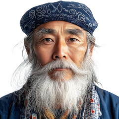 Front view close-up of a Ainu man from Japan isolated on a white transpatent background