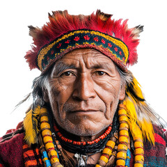 Front view close-up of a Ashaninka man from Peru isolated on a white transpatent background