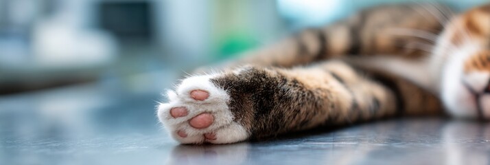 Close-up View of a Cat Paw Resting Gently in a Veterinarians Hand on a Medical Table During a Routine Check-Up