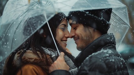 Man and woman enjoy relationship and happiness together in the rain in winter, romantic Asian couple love each other under umbrella on rainy day.