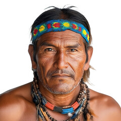 Front view close-up of a Guarani man from Brazil isolated on a white transpatent background