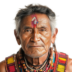 Front view close-up of a Guna man from Panama isolated on a white transparent background