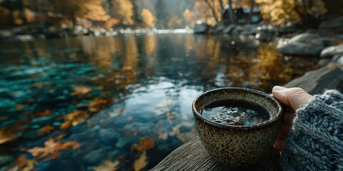 Enjoying a warm beverage by the tranquil river surrounded by autumn foliage on a peaceful afternoon