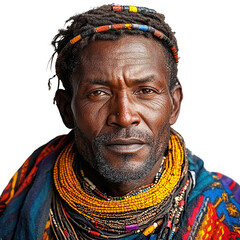 Front view close-up of a Hadza man from Tanzania isolated on a white transparent background