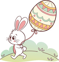 Adorable Easter Bunny Holding Decorative Egg Balloon Walking on Grass Cartoon Illustration for Spring Holiday Cards and Kids Designs