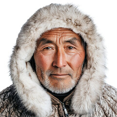 Front view close-up of a Inuit man from Alaska isolated on a white transparent background